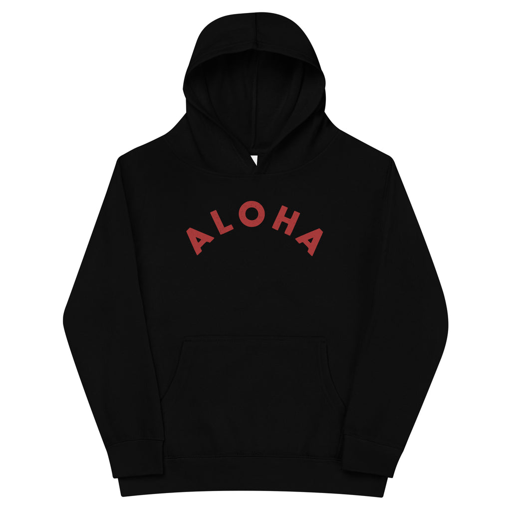 "Aloha" in clean vintage Hawaiian lettering, printed on a SodaPop Cool kids hoodie.