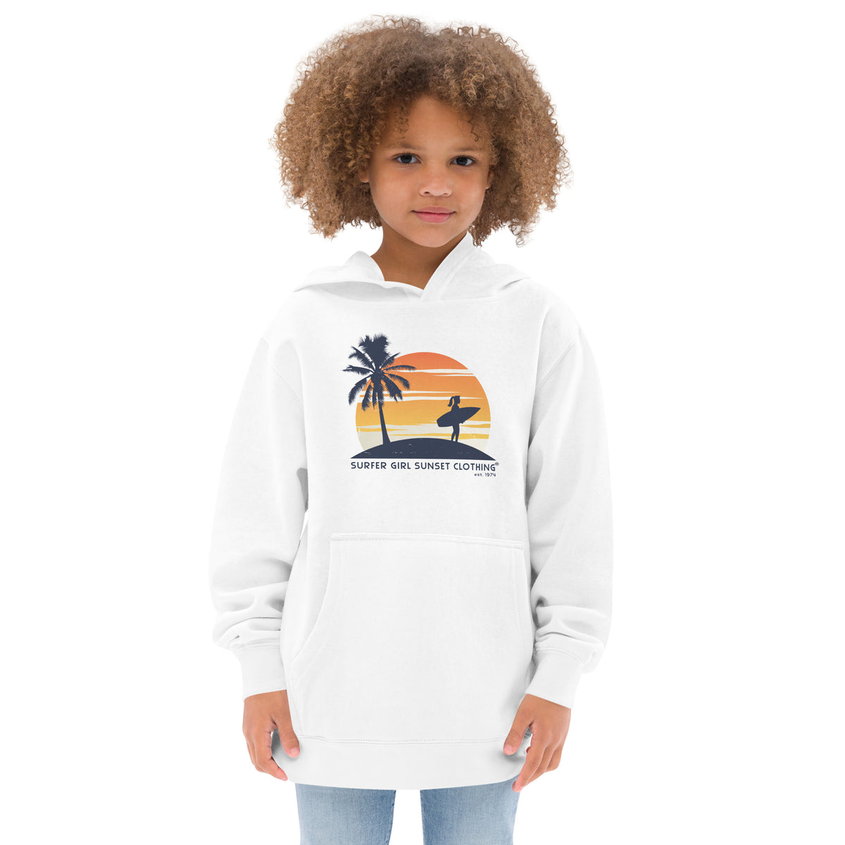 Surfer Girl Sunset Clothing vintage graphic, printed on a SodaPop Cool kids hoodie.