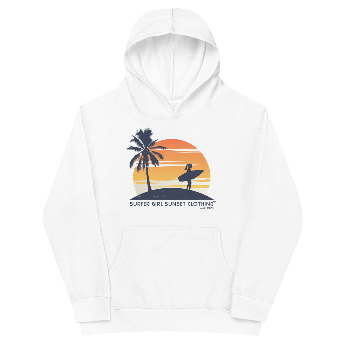 Surfer Girl Sunset Clothing vintage graphic, printed on a SodaPop Cool kids hoodie.