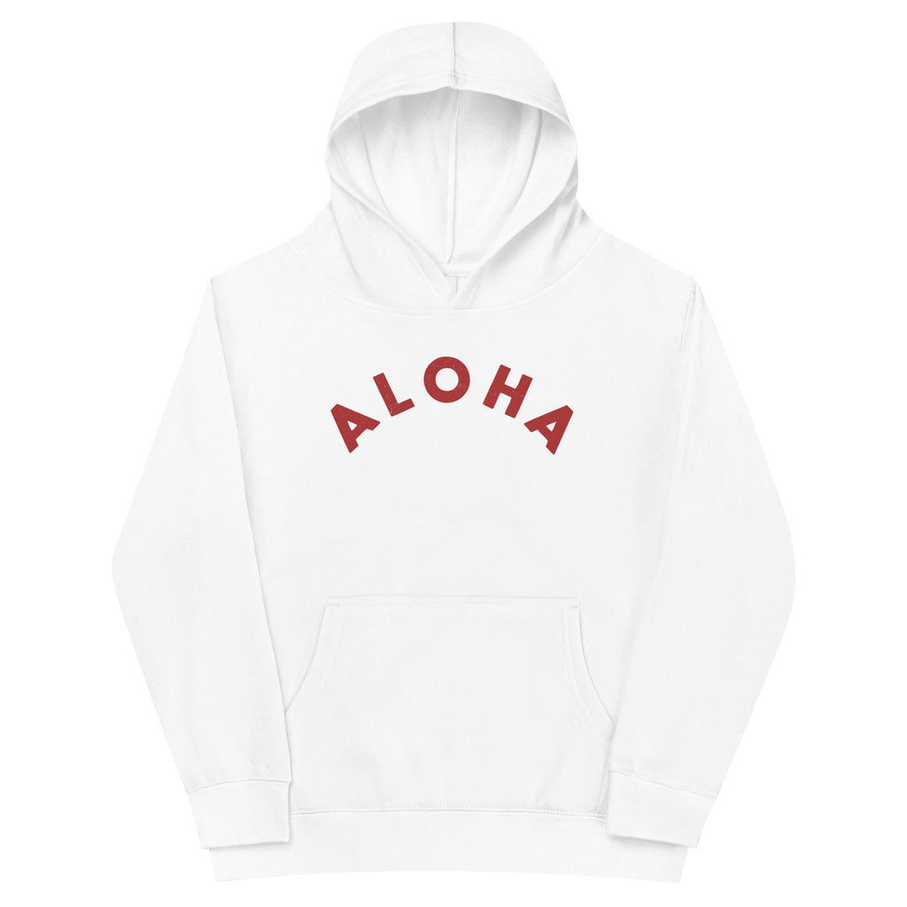 "Aloha" in clean vintage Hawaiian lettering, printed on a SodaPop Cool kids hoodie.