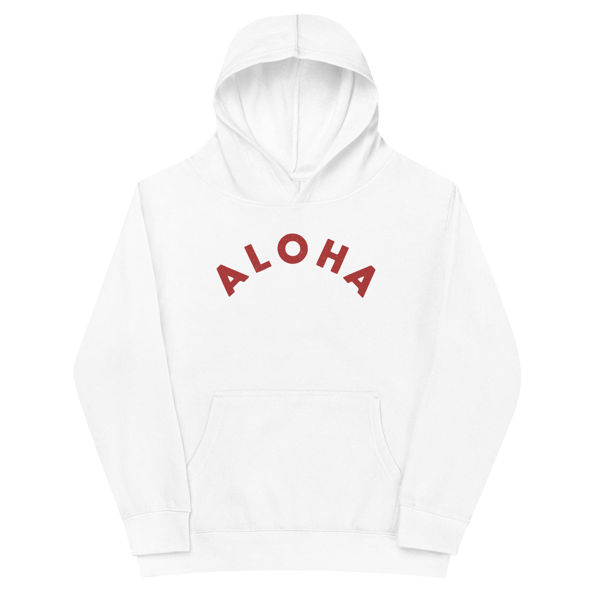 "Aloha" in clean vintage Hawaiian lettering, printed on a SodaPop Cool kids hoodie.
