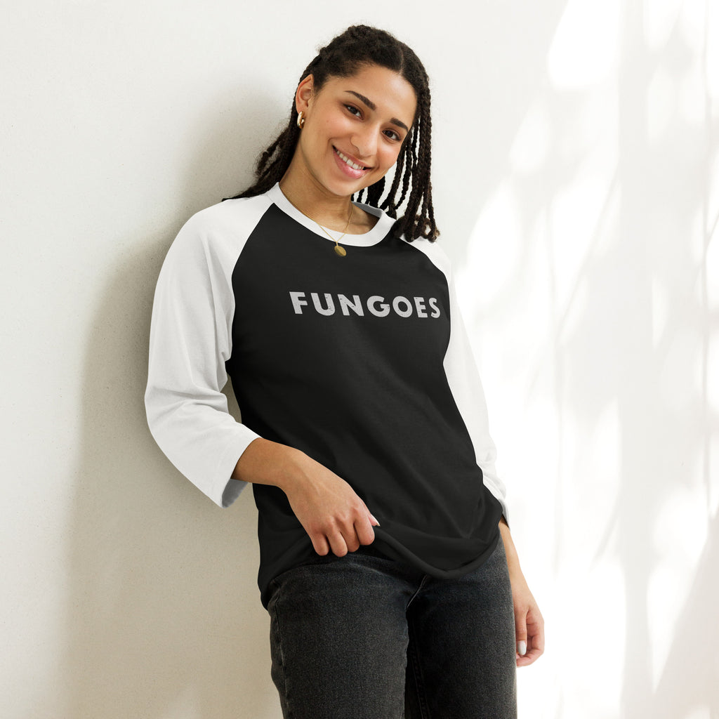 "Fungoes" in simple vintage baseball lettering, printed on a SodaPop Cool 3/4 sleeve raglan shirt.