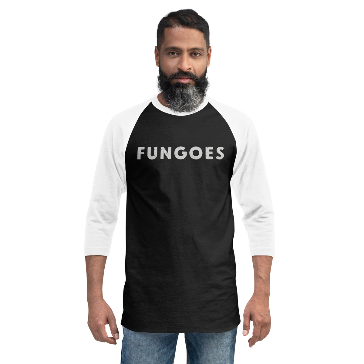 "Fungoes" in simple vintage baseball lettering, printed on a SodaPop Cool 3/4 sleeve raglan shirt.