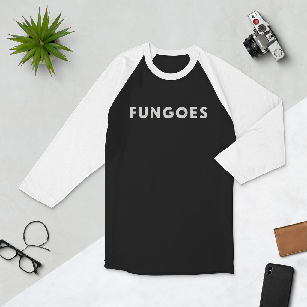 "Fungoes" in simple vintage baseball lettering, printed on a SodaPop Cool 3/4 sleeve raglan shirt.