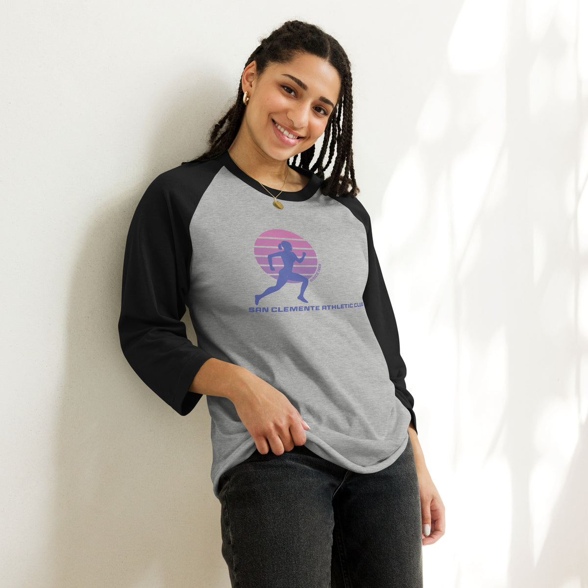San Clemente Athletic Club vintage graphic, printed on a SodaPop Cool 3/4 sleeve raglan shirt.