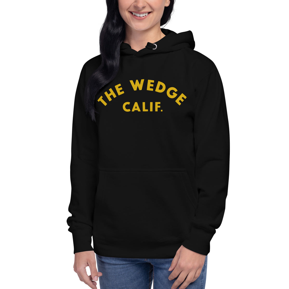 "The Wedge" in classic California surf lettering, printed on a SodaPop Cool hoodie.