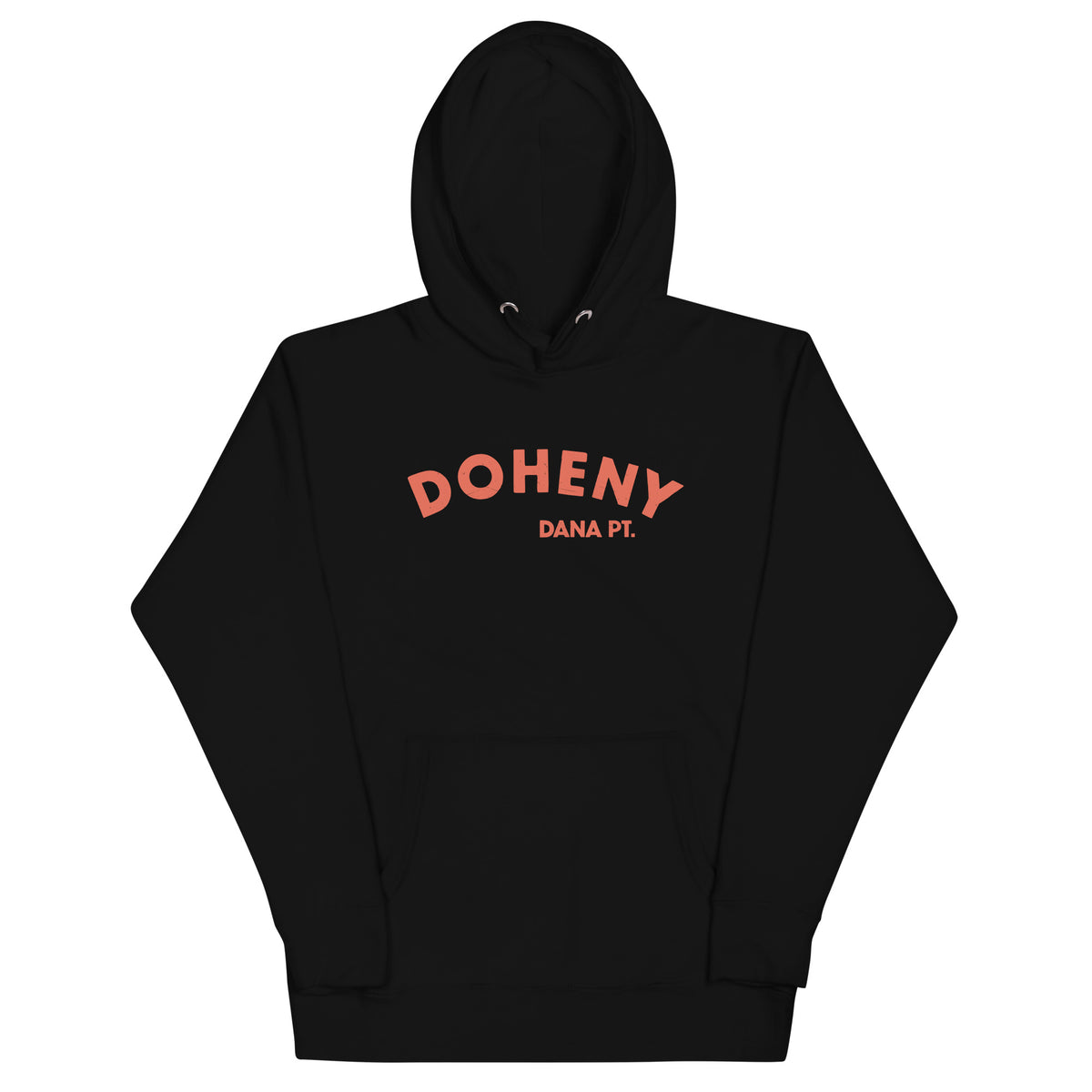 "Doheny Dana Point" in vintage California surf lettering, printed on a SodaPop Cool hoodie.