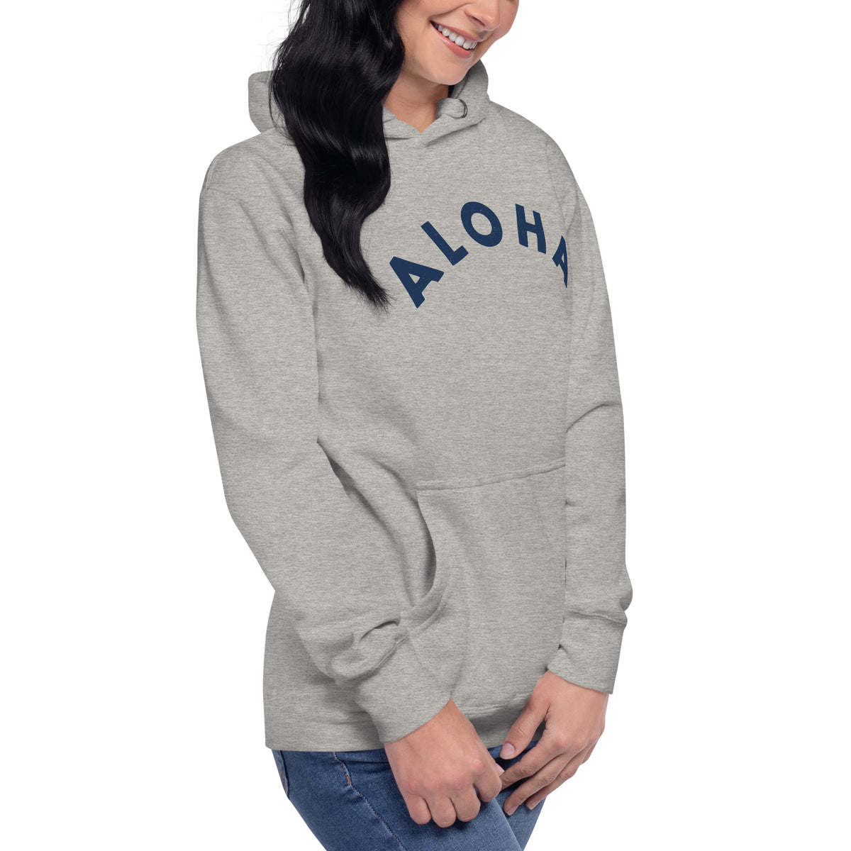 "Aloha" in clean vintage Hawaiian lettering, printed on a SodaPop Cool hoodie.