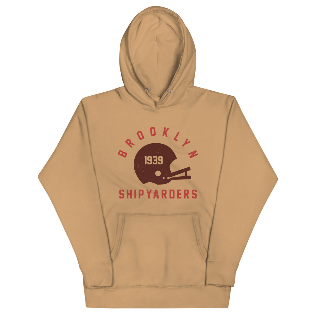 Vintage leather football helmet with "Brooklyn Shipyarders 1939", printed on a SodaPop Cool hoodie.