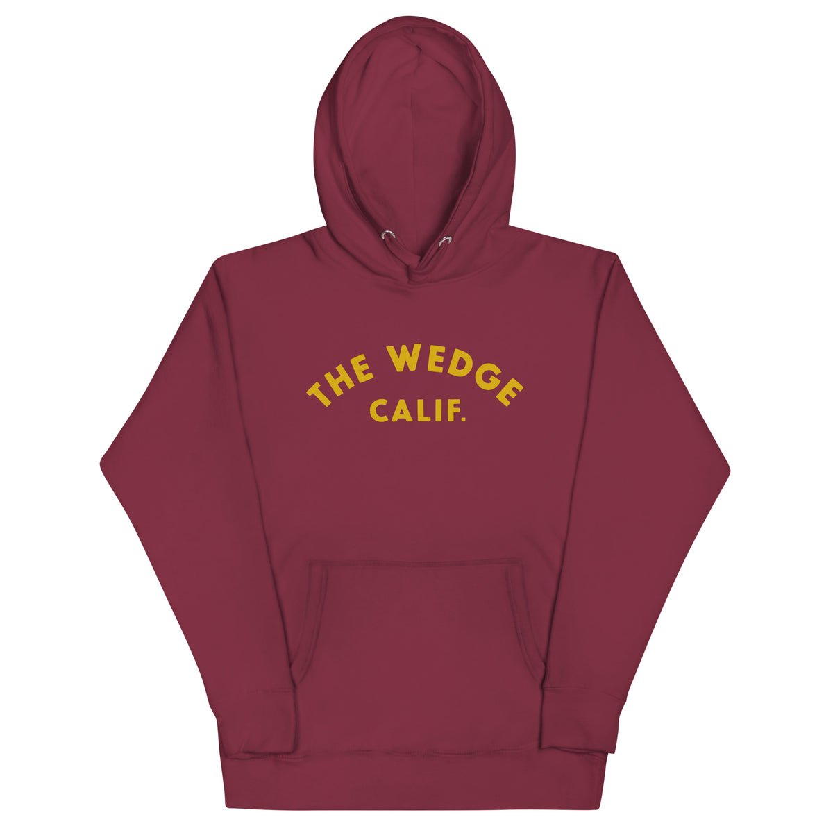 "The Wedge" in classic California surf lettering, printed on a SodaPop Cool hoodie.