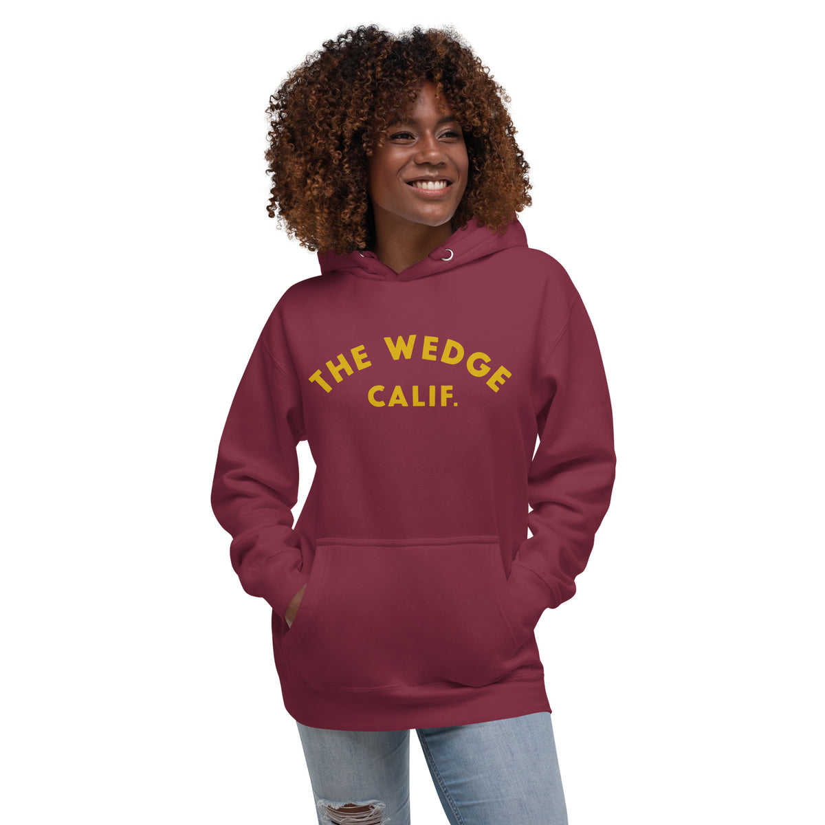 "The Wedge" in classic California surf lettering, printed on a SodaPop Cool hoodie.