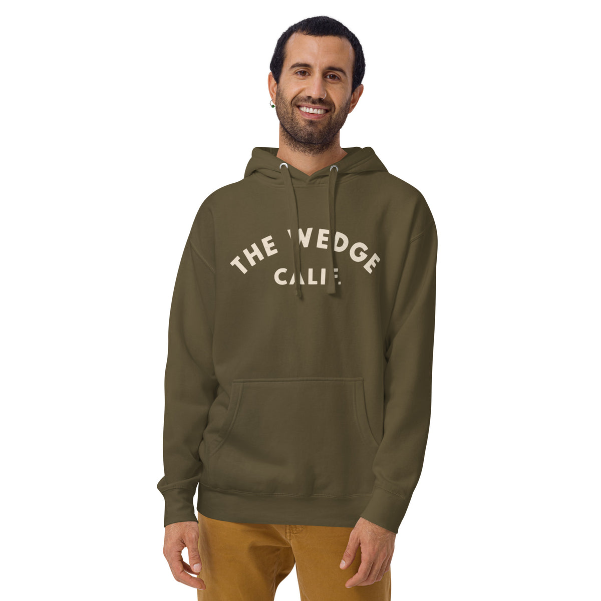 "The Wedge" in classic California surf lettering, printed on a SodaPop Cool hoodie.