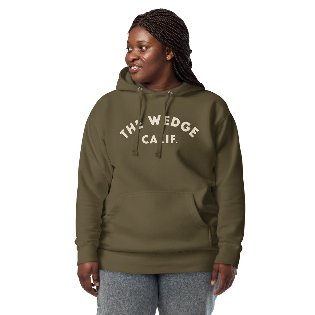 "The Wedge" in classic California surf lettering, printed on a SodaPop Cool hoodie.