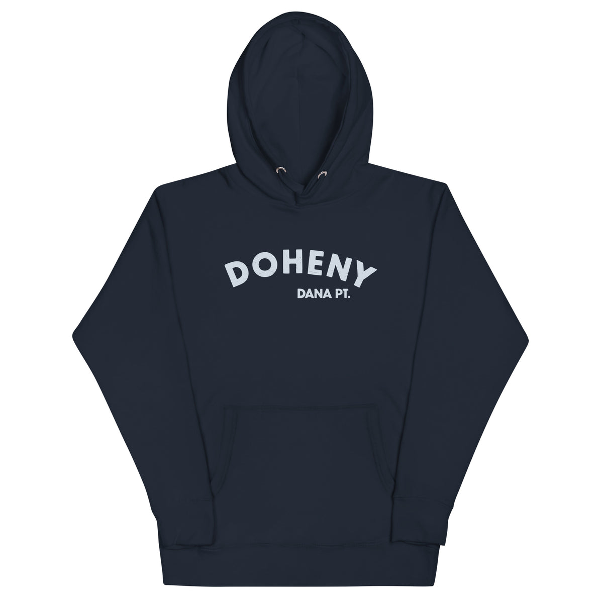 "Doheny Dana Point" in vintage California surf lettering, printed on a SodaPop Cool hoodie.