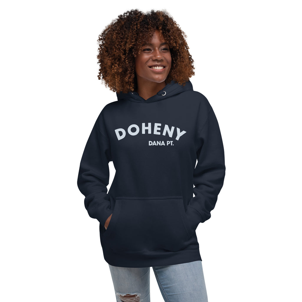 "Doheny Dana Point" in vintage California surf lettering, printed on a SodaPop Cool hoodie.