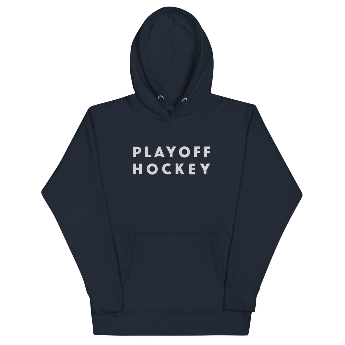 "Playoff Hockey" in simple retro athletic lettering, printed on a SodaPop Cool hoodie.