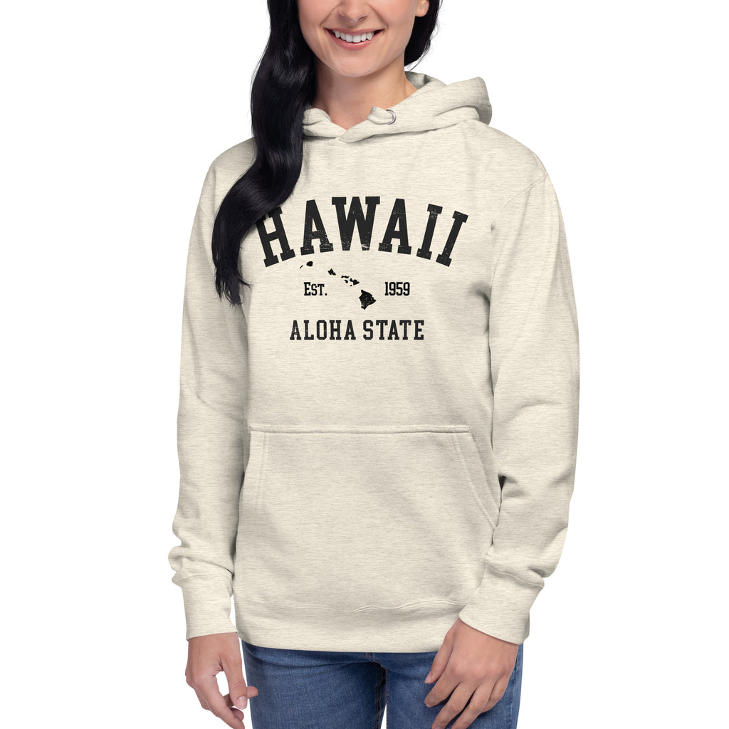 Aloha State of Hawaii vintage graphic, printed on a SodaPop Cool hoodie.