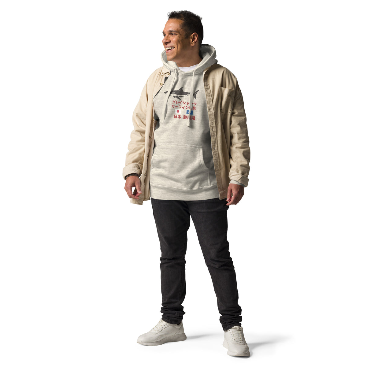 Grey Shark Surfing Society Japan vintage graphic, printed on a SodaPop Cool hoodie.