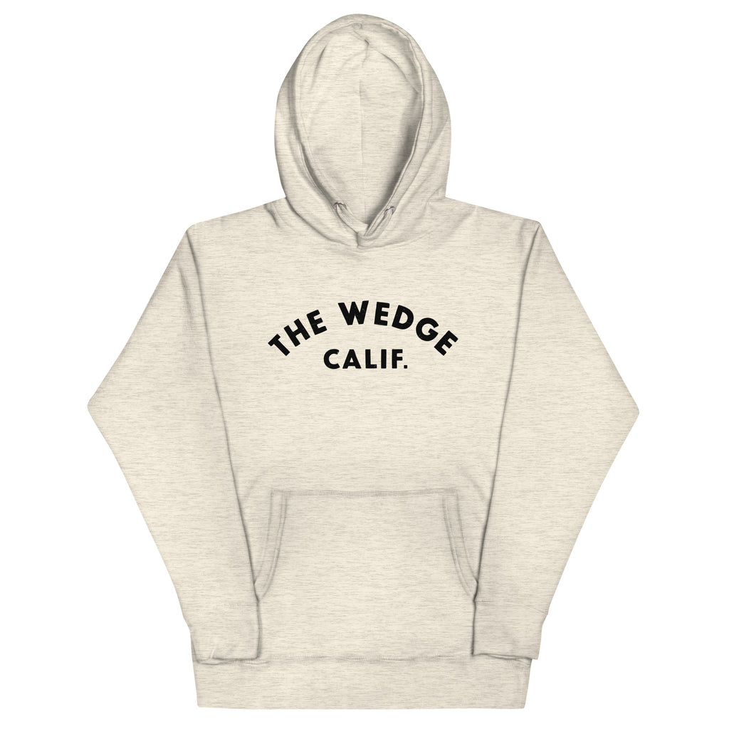 "The Wedge" in classic California surf lettering, printed on a SodaPop Cool hoodie.