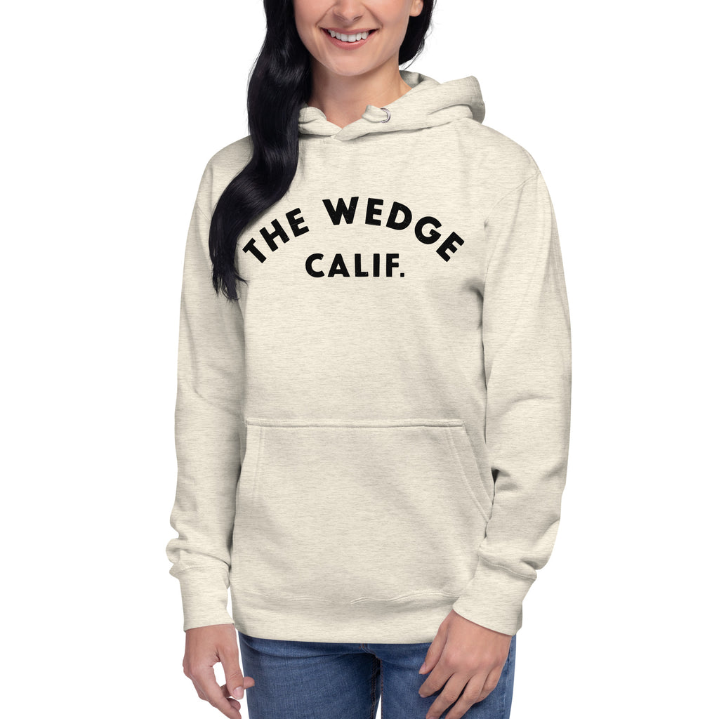 "The Wedge" in classic California surf lettering, printed on a SodaPop Cool hoodie.