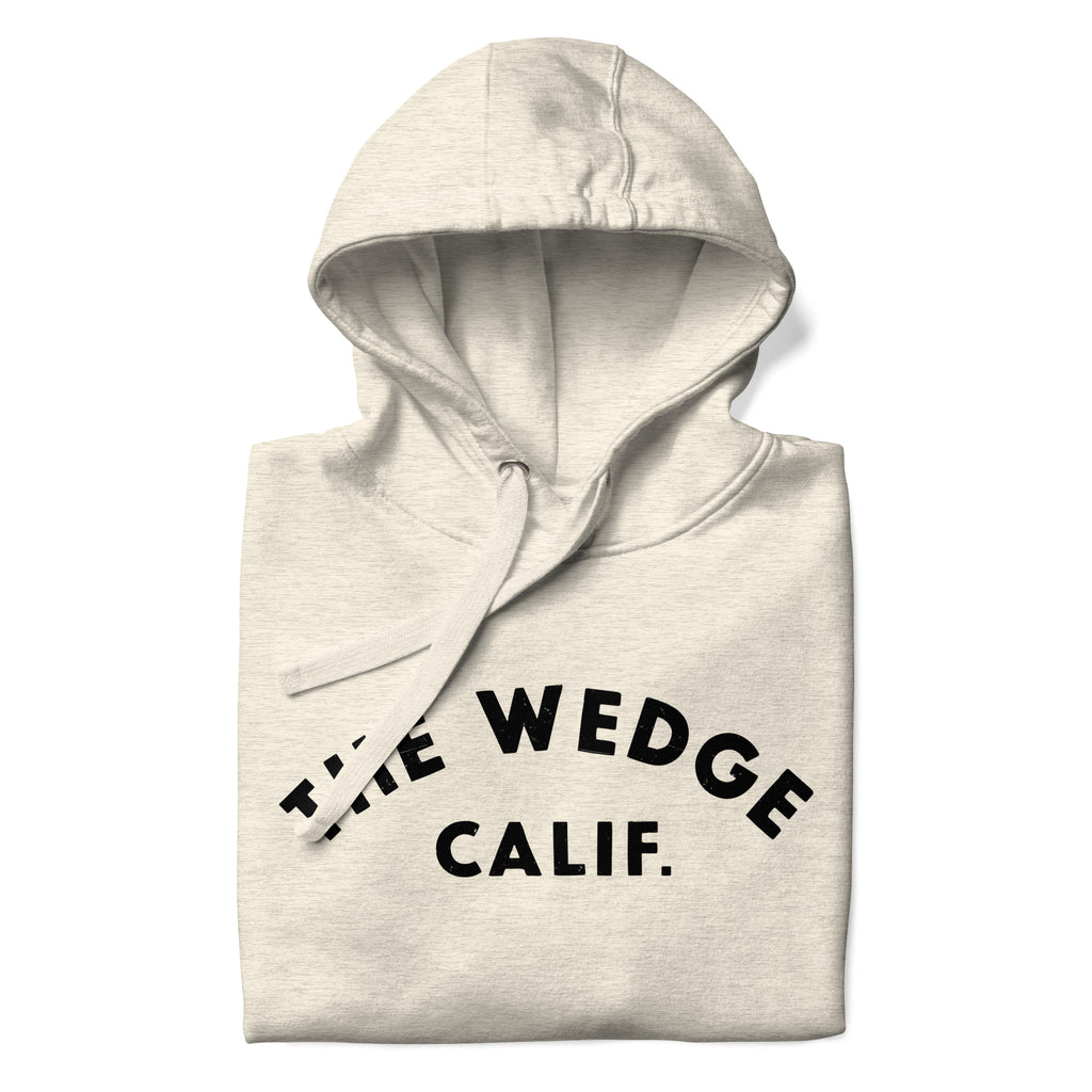 "The Wedge" in classic California surf lettering, printed on a SodaPop Cool hoodie.
