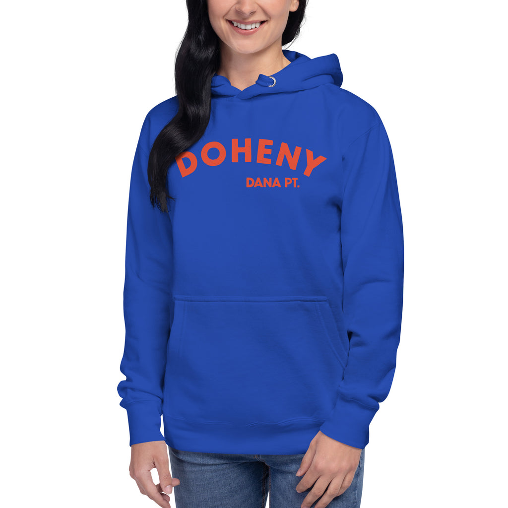 "Doheny Dana Point" in vintage California surf lettering, printed on a SodaPop Cool hoodie.