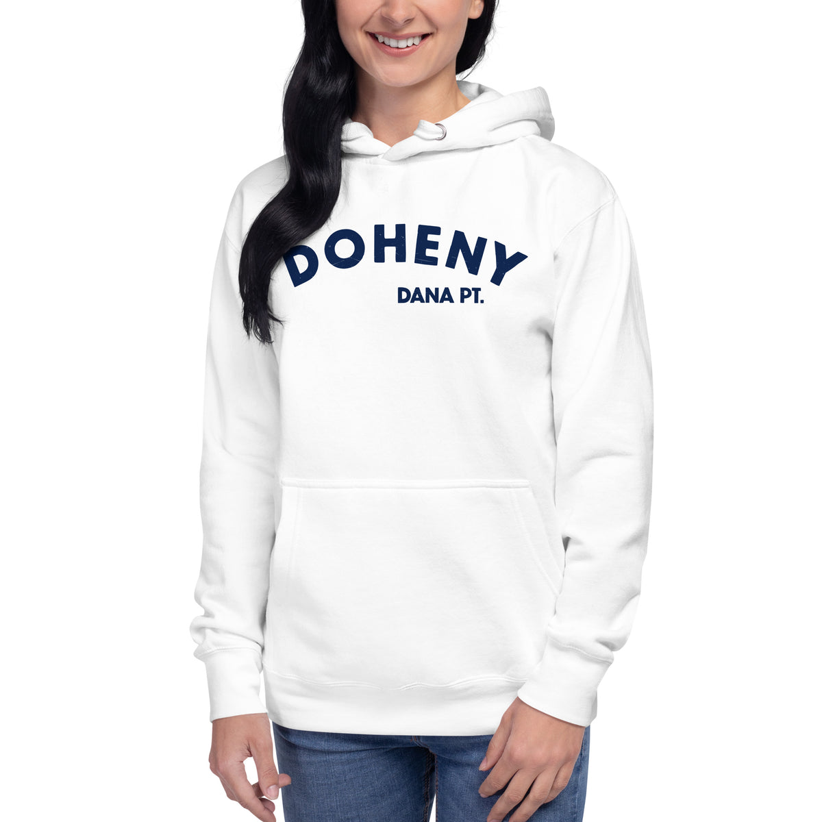 "Doheny Dana Point" in vintage California surf lettering, printed on a SodaPop Cool hoodie.