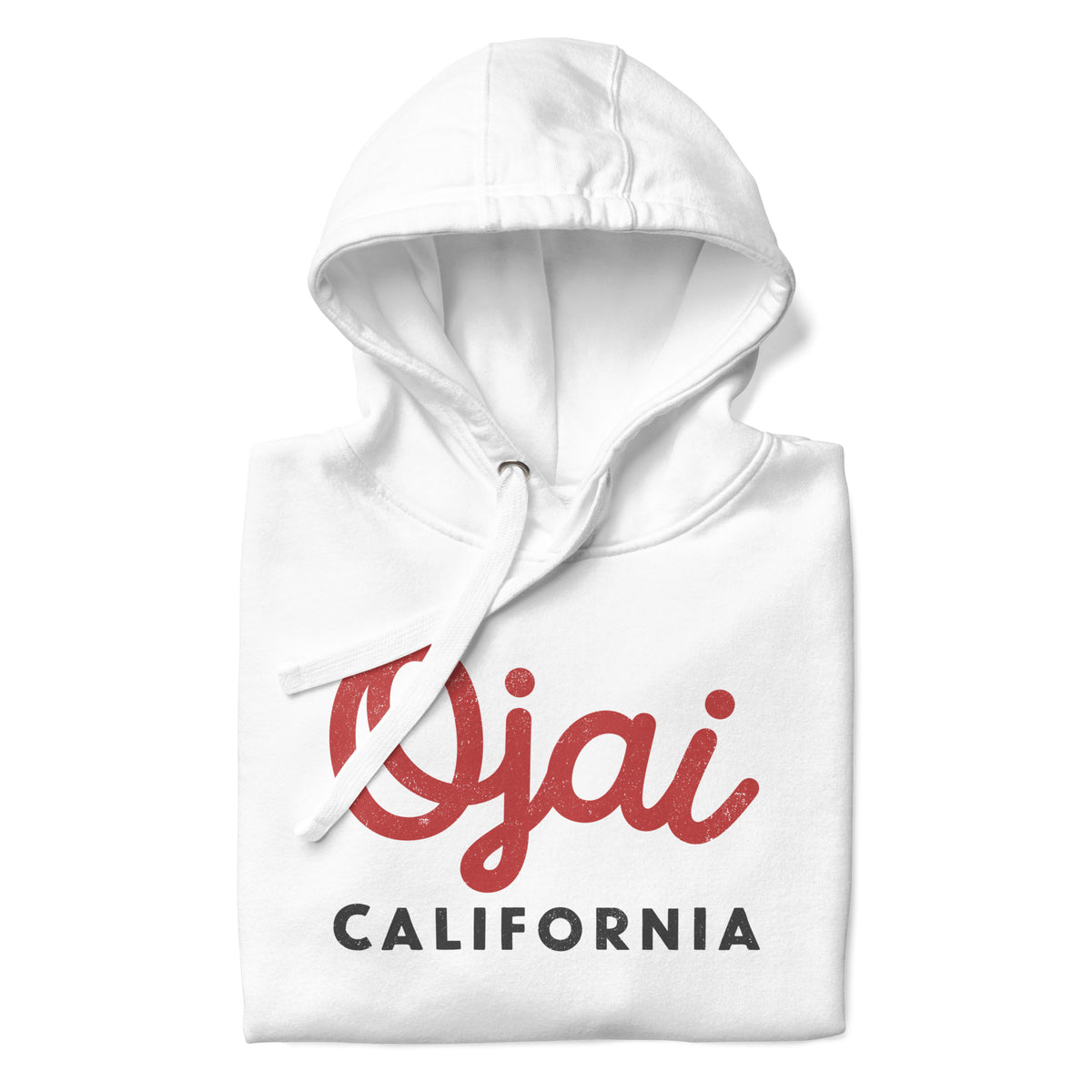 "Ojai California" in classic vintage lettering, printed on a SodaPop Cool hoodie.