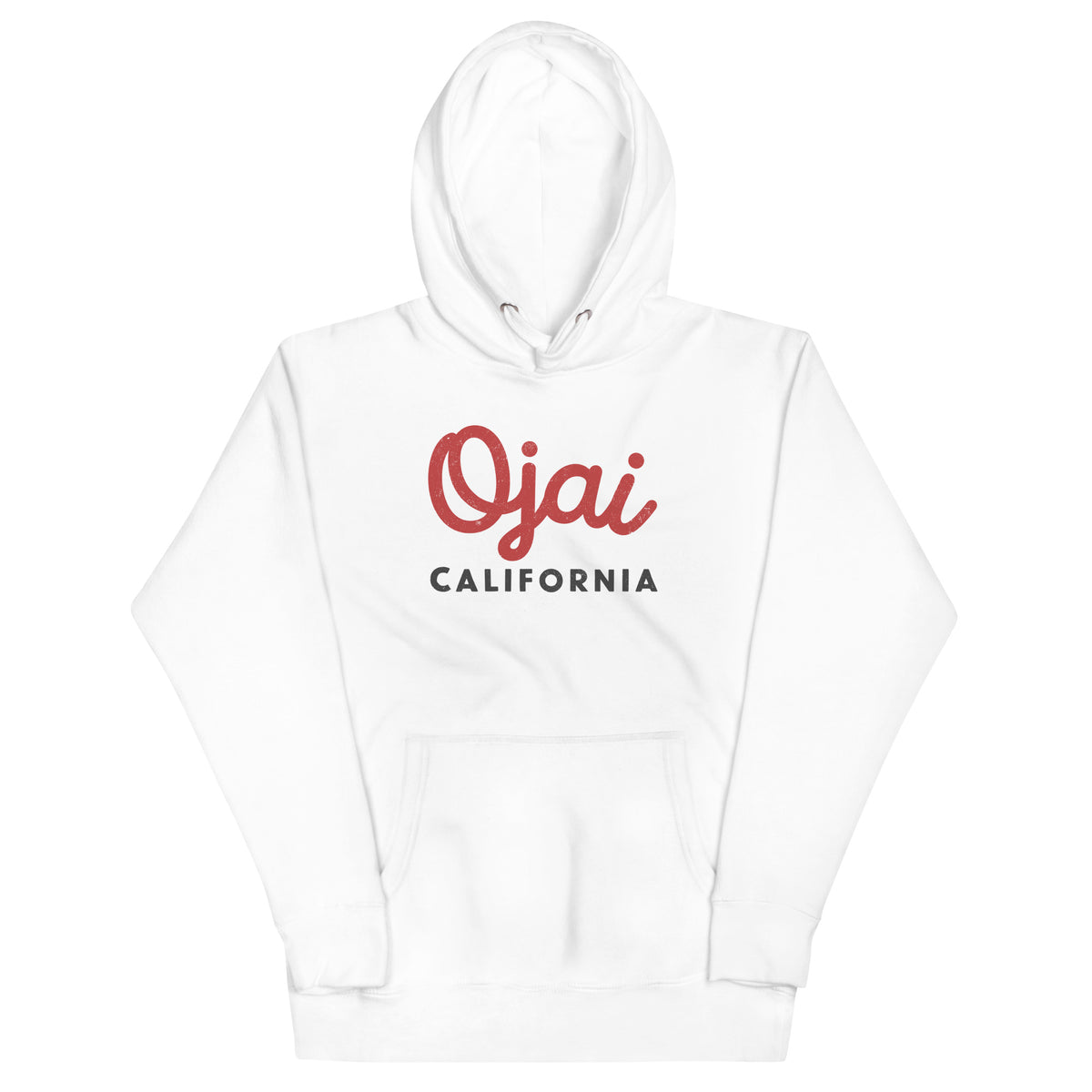 "Ojai California" in classic vintage lettering, printed on a SodaPop Cool hoodie.