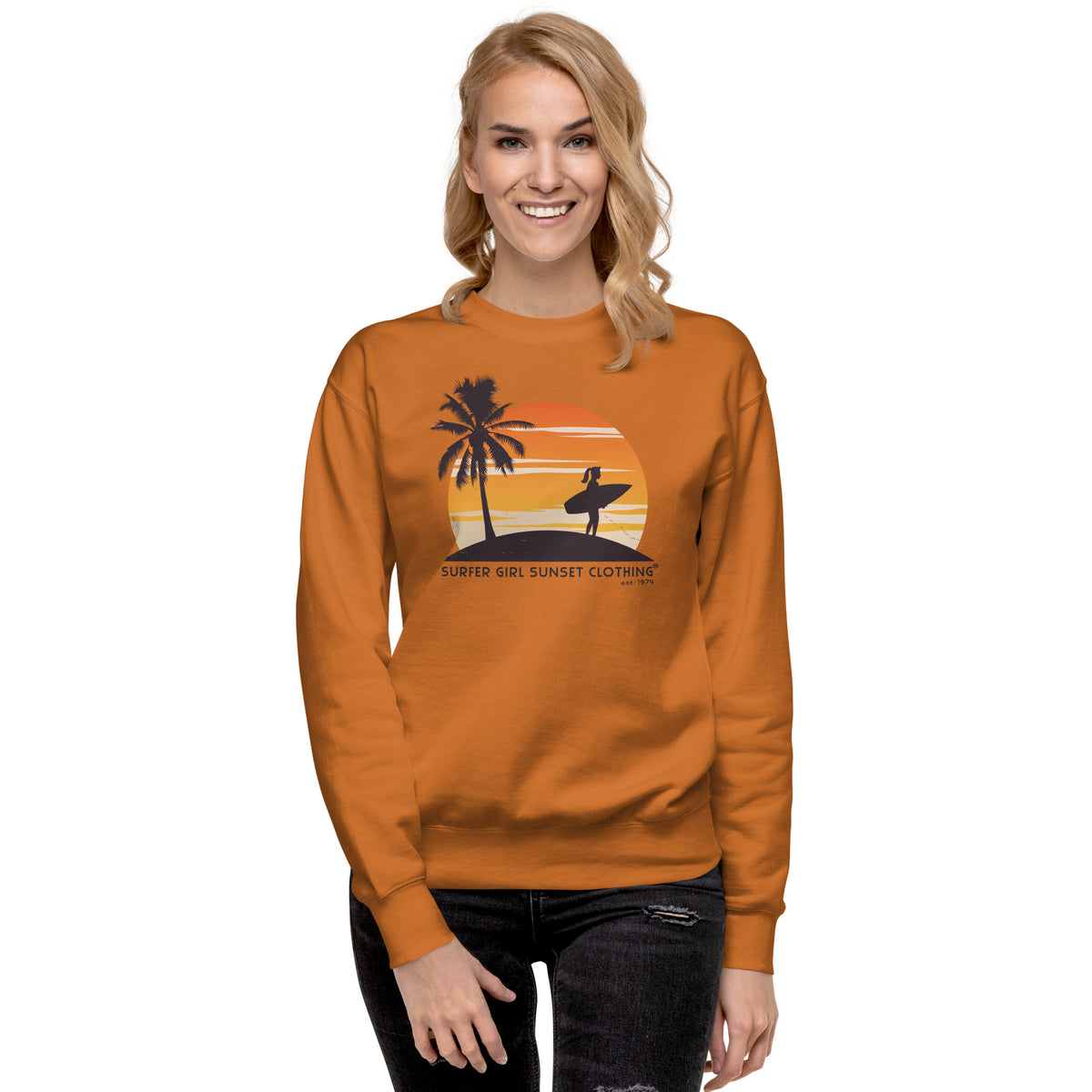 Surfer Girl Sunset Clothing vintage graphic, printed on a SodaPop Cool crew sweatshirt.