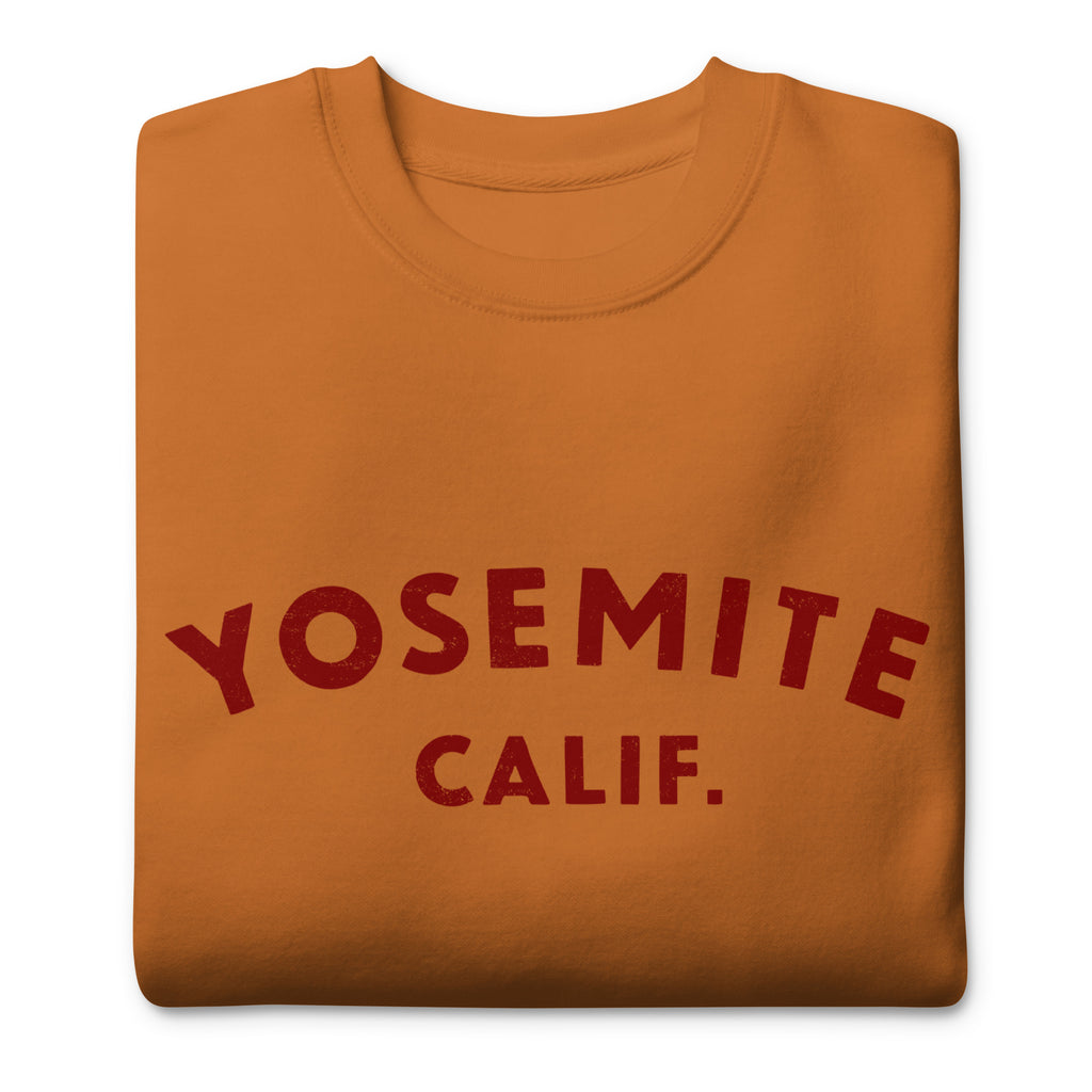 "Yosemite National Park" in vintage park-service lettering, printed on a SodaPop Cool crew sweatshirt.