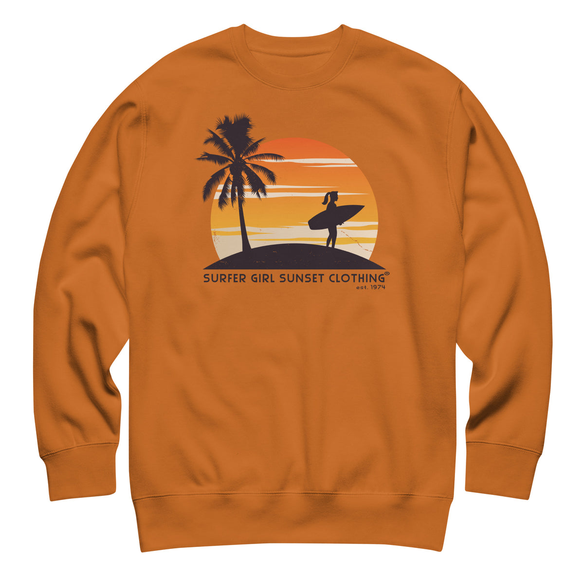 Surfer Girl Sunset Clothing vintage graphic, printed on a SodaPop Cool crew sweatshirt.