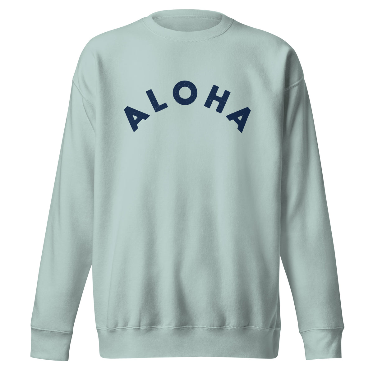 "Aloha" in clean vintage Hawaiian lettering, printed on a SodaPop Cool crew sweatshirt.