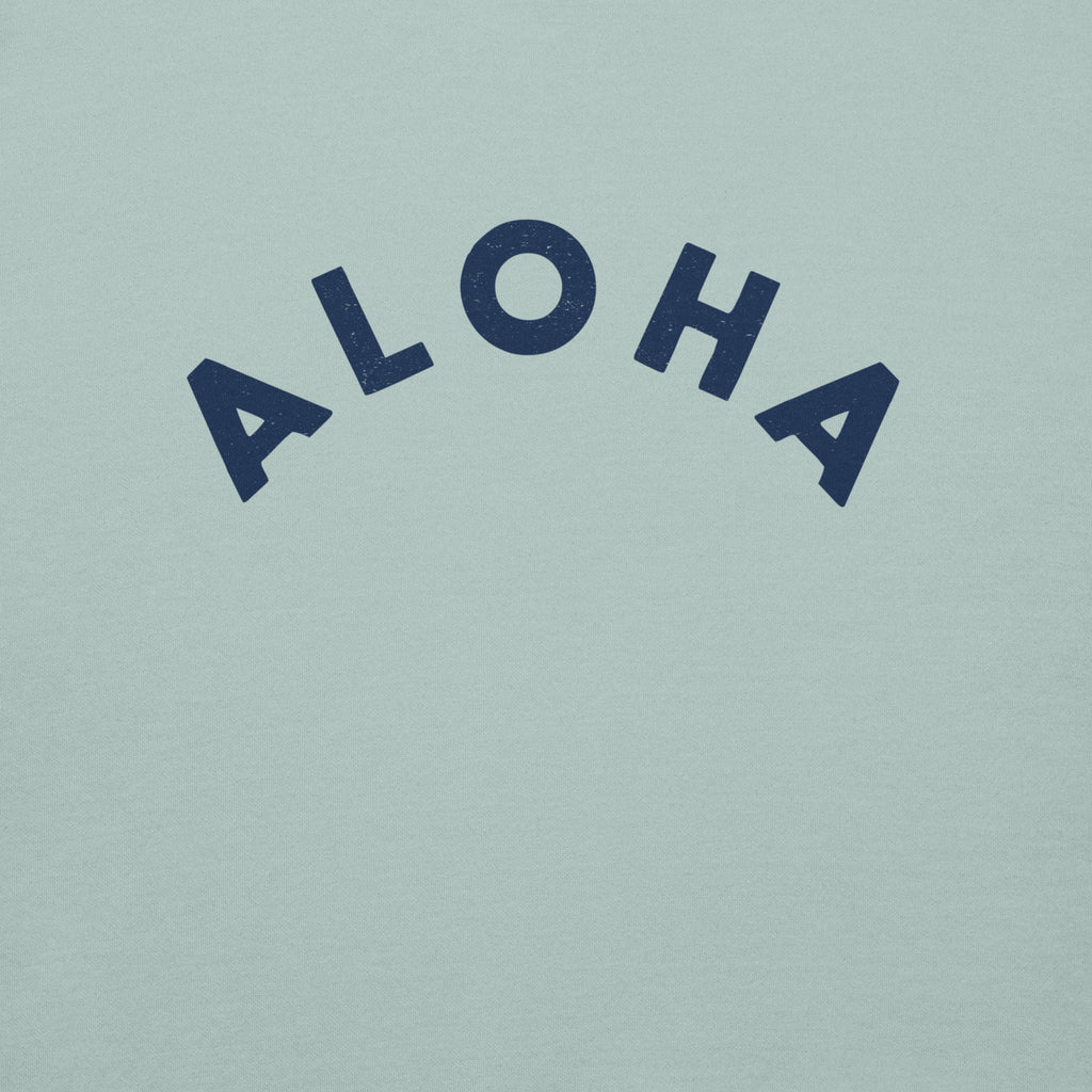 "Aloha" in clean vintage Hawaiian lettering, printed on a SodaPop Cool crew sweatshirt.