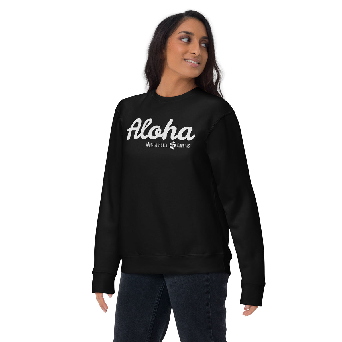 "Waikiki Hotel &amp; Cabanas" in vintage Hawaiian resort lettering, printed on a SodaPop Cool crew sweatshirt.