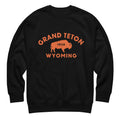 Bison in front of Grand Teton rock formations, vintage national park poster styling, printed on a SodaPop Cool crew sweatshirt.