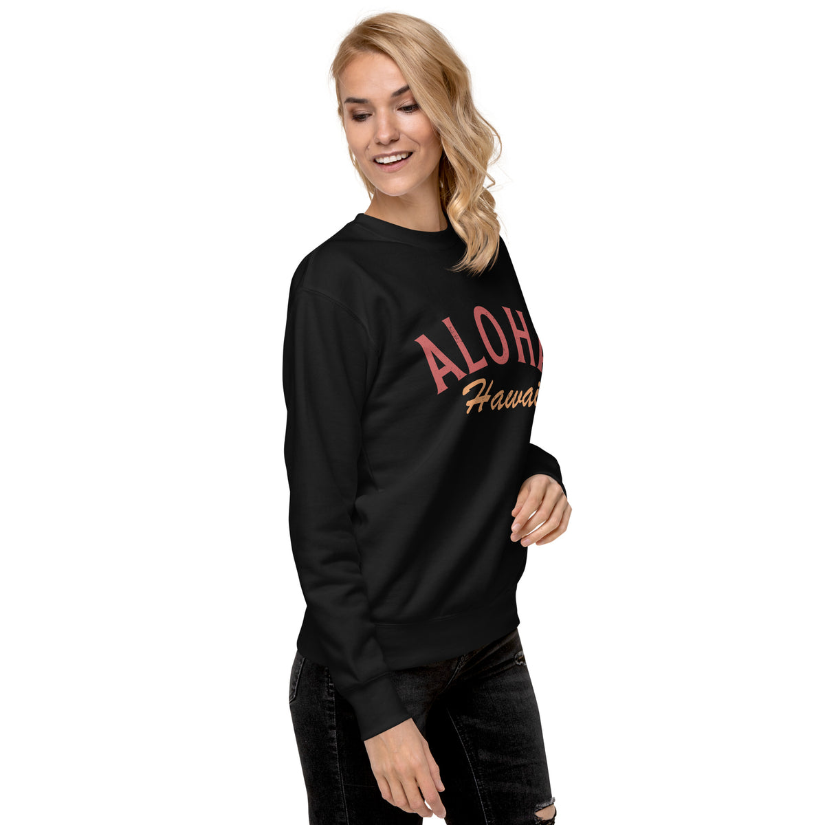 "Aloha Hawaii" in classic vintage island lettering, printed on a SodaPop Cool crew sweatshirt.