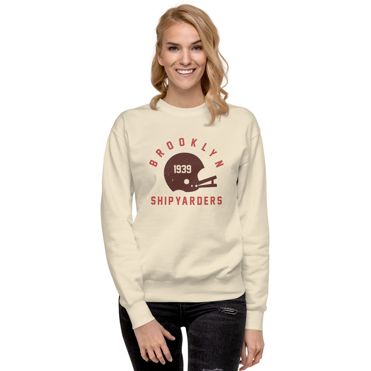Vintage leather football helmet with "Brooklyn Shipyarders 1939", printed on a SodaPop Cool crew sweatshirt.