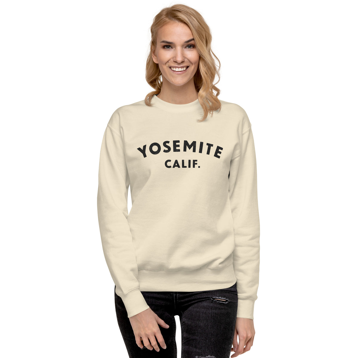 "Yosemite National Park" in vintage park-service lettering, printed on a SodaPop Cool crew sweatshirt.