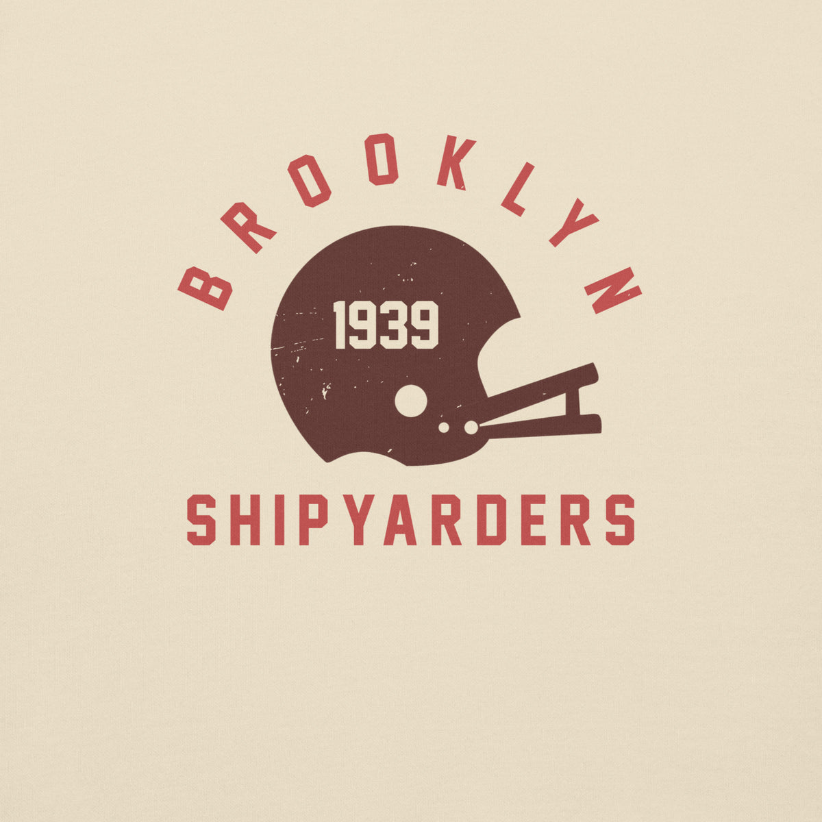 Vintage leather football helmet with "Brooklyn Shipyarders 1939", printed on a SodaPop Cool crew sweatshirt.