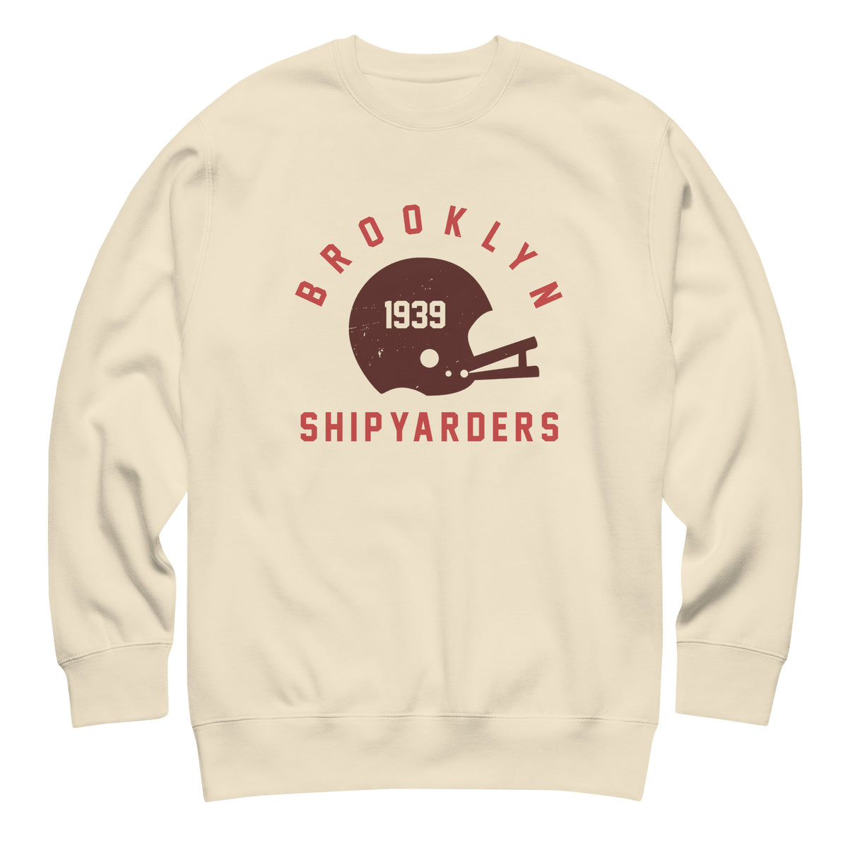 Vintage leather football helmet with "Brooklyn Shipyarders 1939", printed on a SodaPop Cool crew sweatshirt.