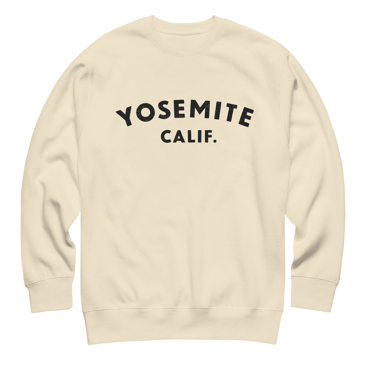 "Yosemite National Park" in vintage park-service lettering, printed on a SodaPop Cool crew sweatshirt.