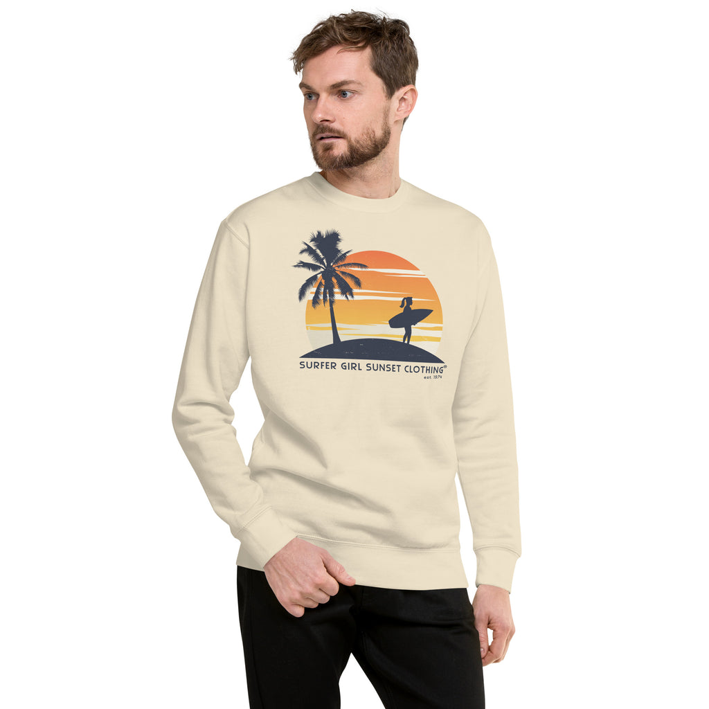 Surfer Girl Sunset Clothing vintage graphic, printed on a SodaPop Cool crew sweatshirt.