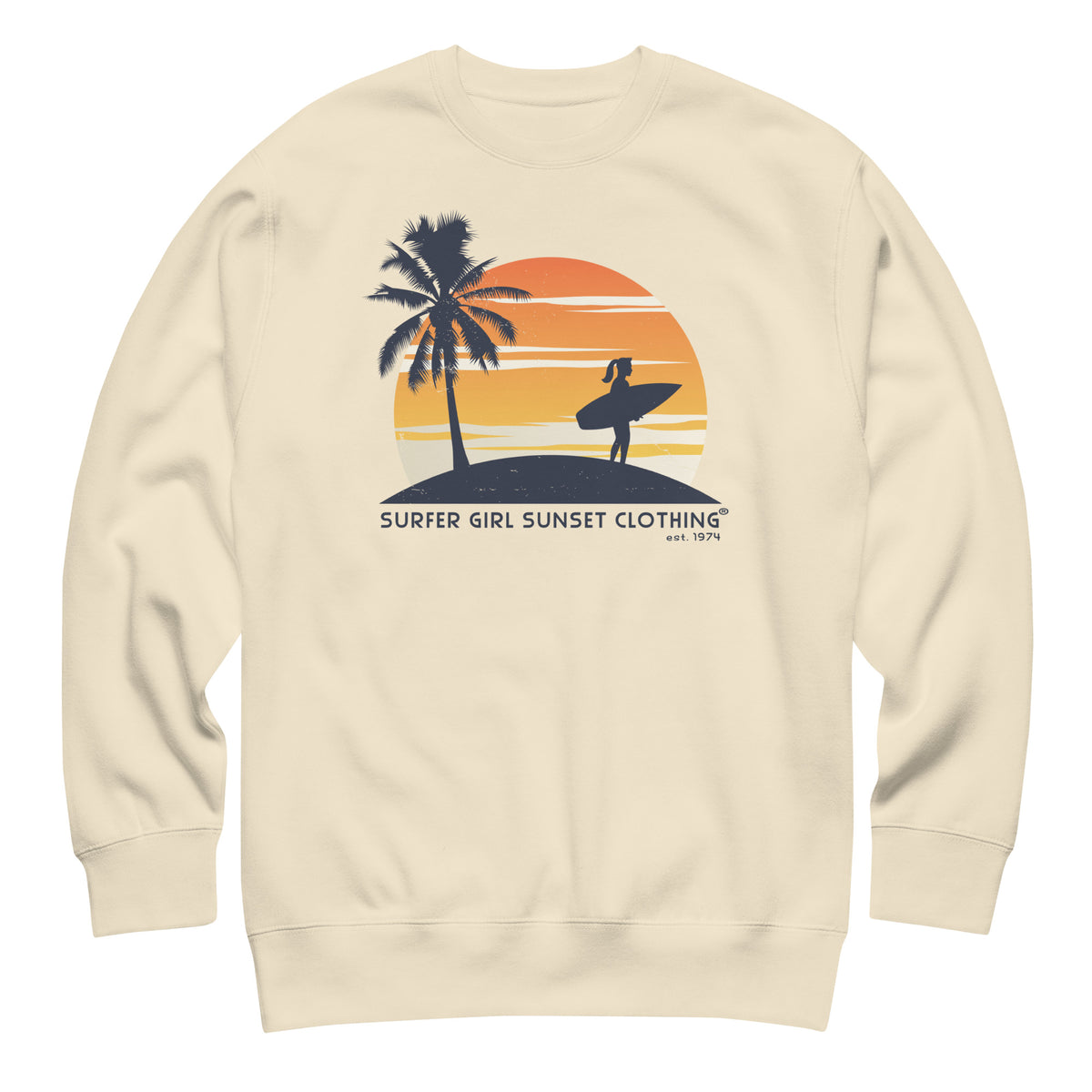 Surfer Girl Sunset Clothing vintage graphic, printed on a SodaPop Cool crew sweatshirt.