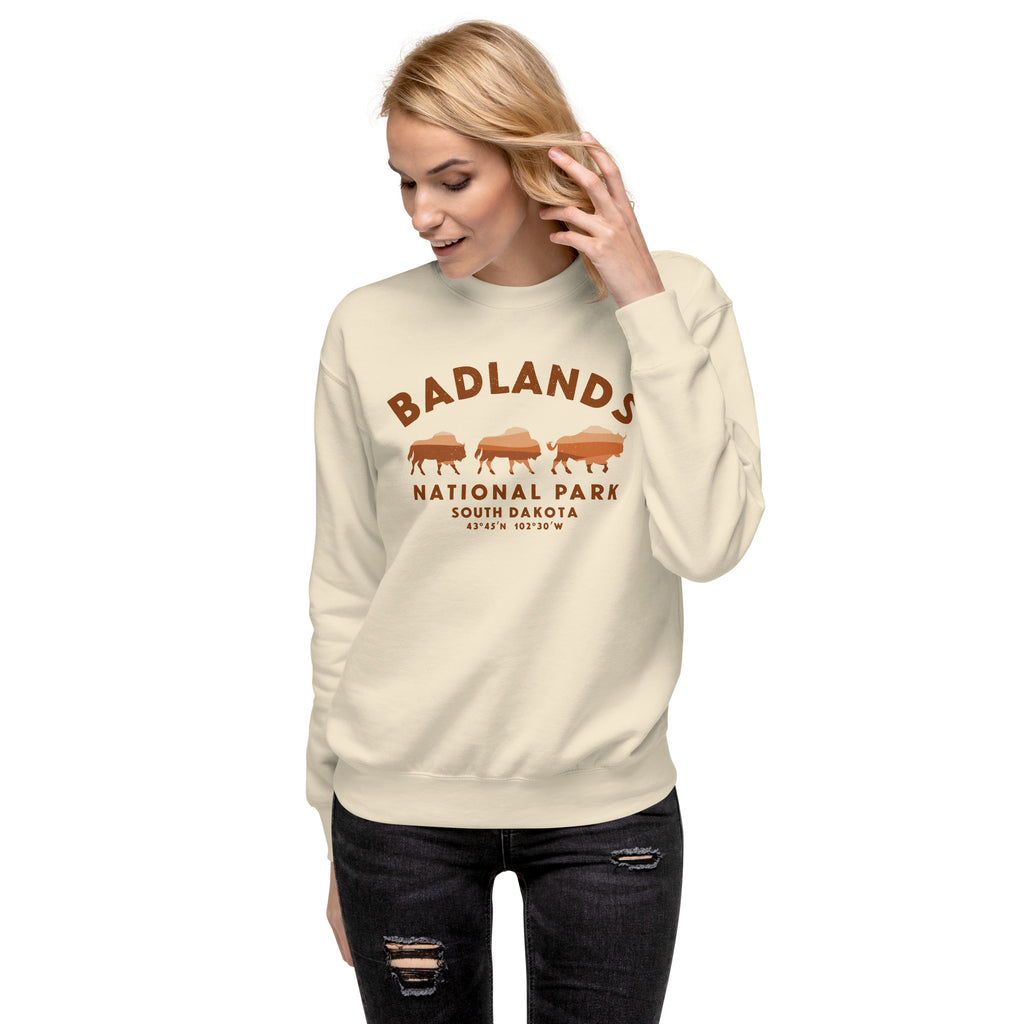 Badlands National Park South Dakota Bison vintage graphic, printed on a SodaPop Cool crew sweatshirt.