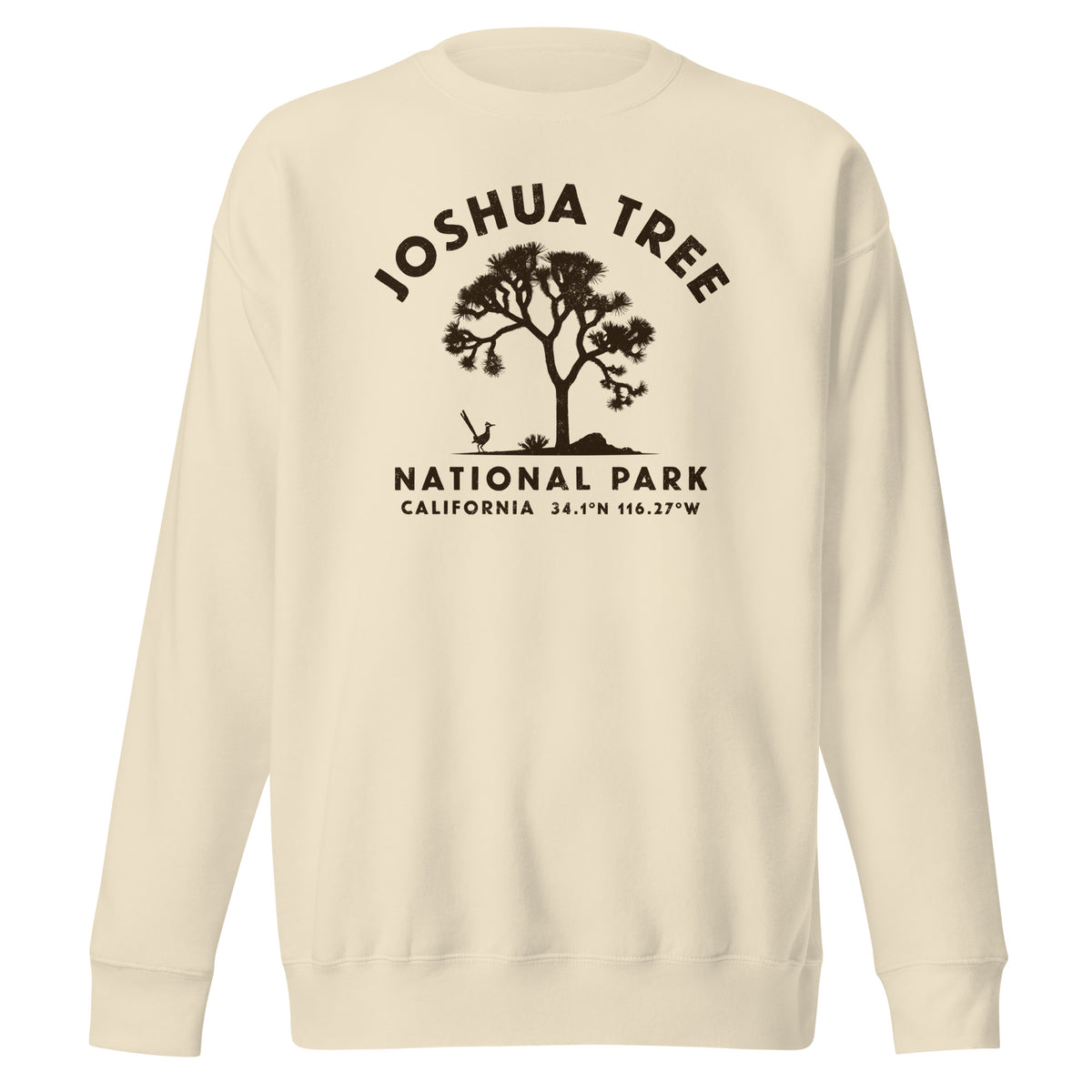 Joshua tree and a desert bird in classic national park styling, printed on a SodaPop Cool crew sweatshirt.
