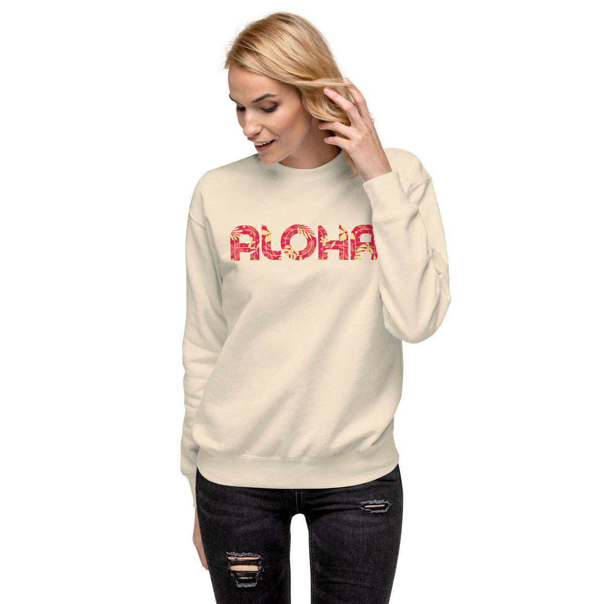 Aloha Hawaii Flowers Print vintage graphic, printed on a SodaPop Cool crew sweatshirt.