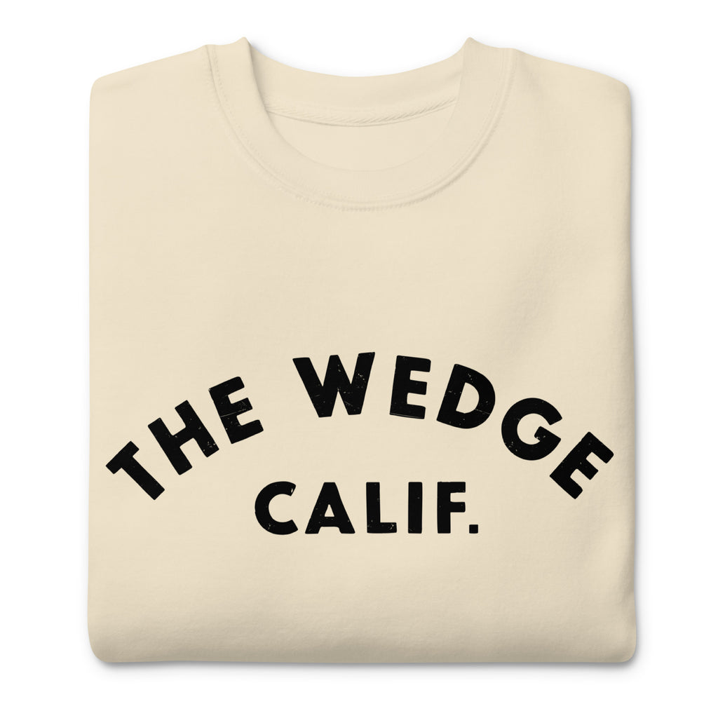 "The Wedge" in classic California surf lettering, printed on a SodaPop Cool crew sweatshirt.