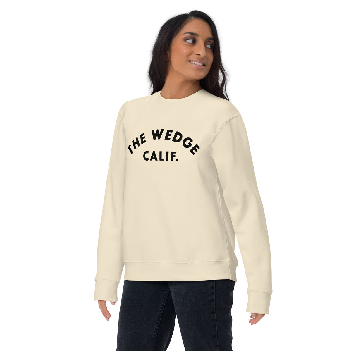 "The Wedge" in classic California surf lettering, printed on a SodaPop Cool crew sweatshirt.
