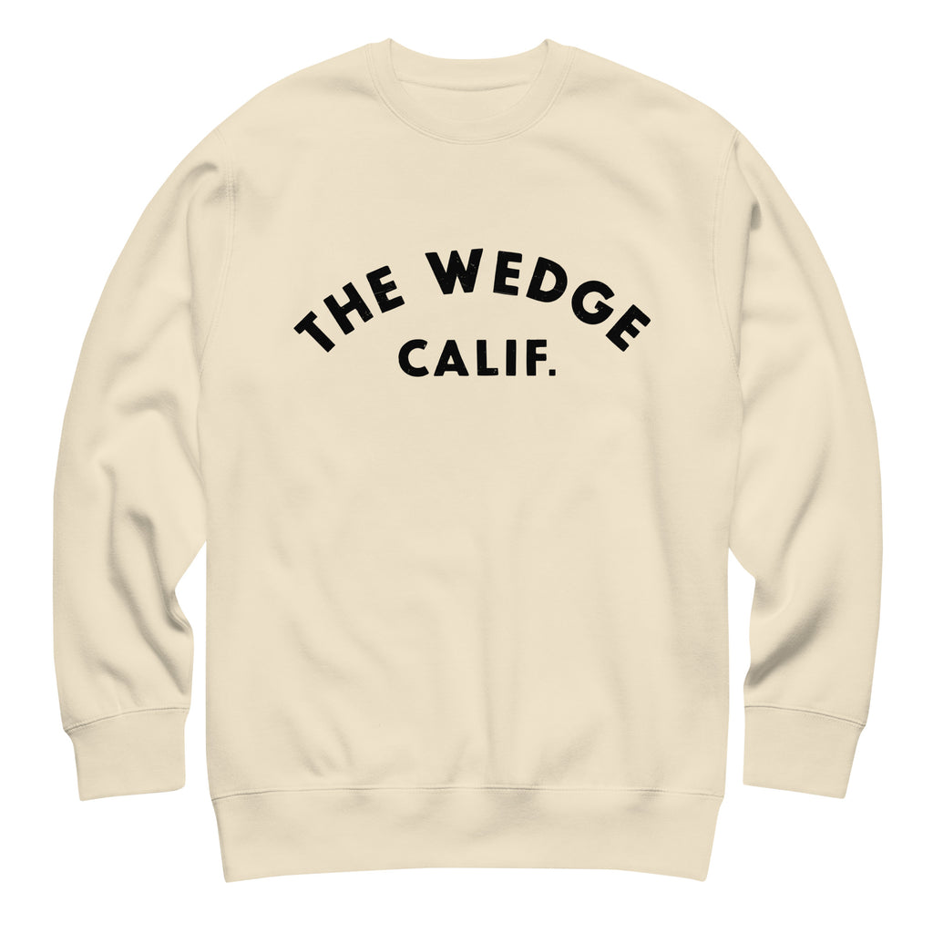 "The Wedge" in classic California surf lettering, printed on a SodaPop Cool crew sweatshirt.